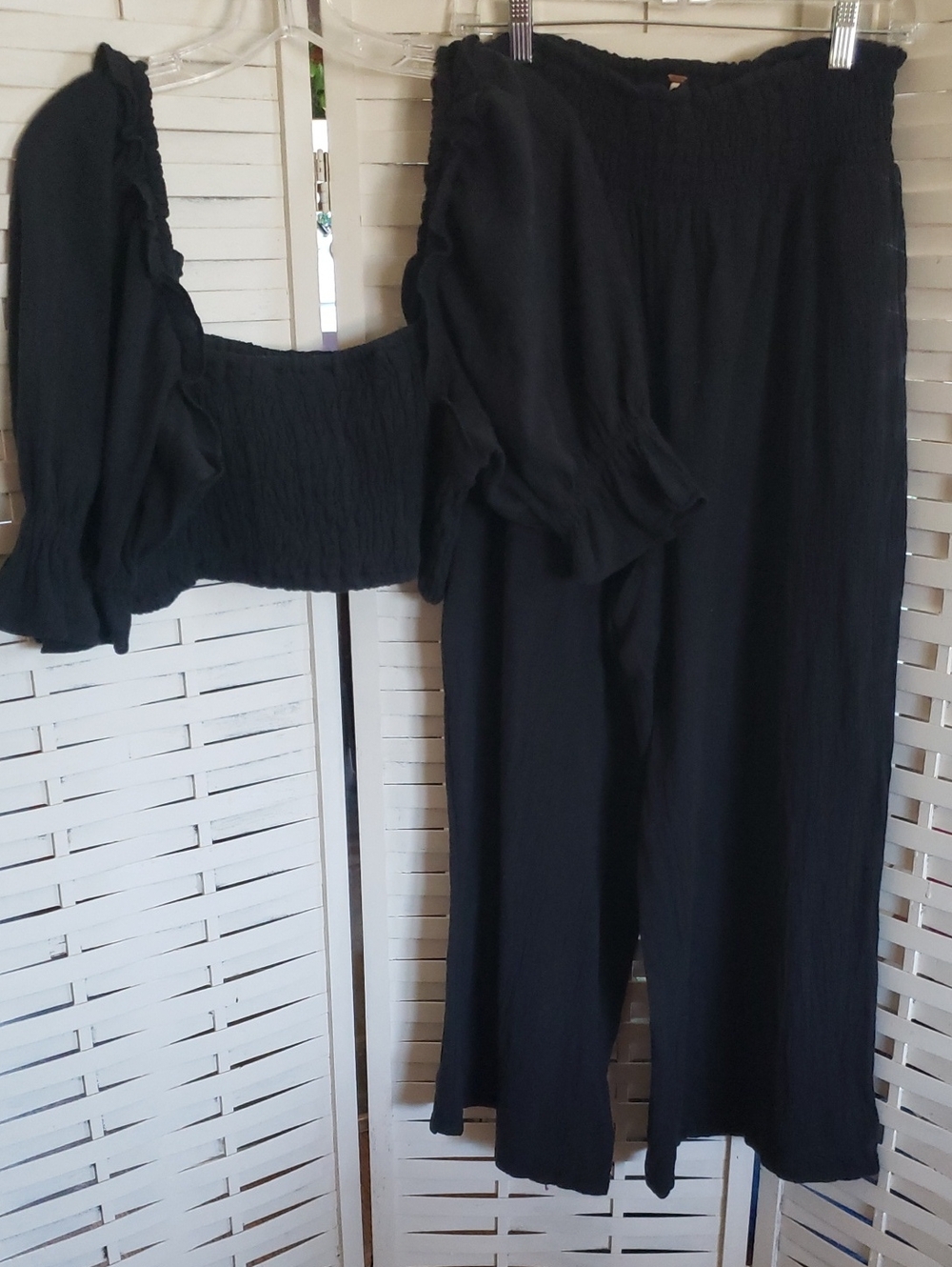 Free People Black Wide-Leg Smocked Waist Pants And Top Size L